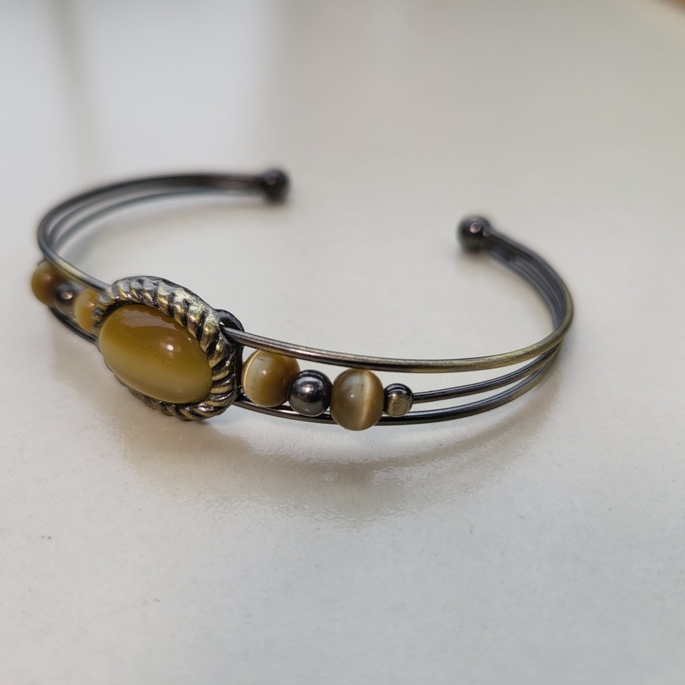 Vintage Cuff Bracelet Yellow Bronze Cat's Eye Bead Triple Wire - Picture 6 of 7
